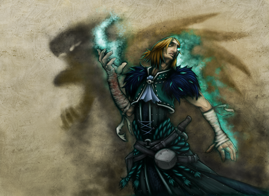 Fantasy mage dude in dark robes, with a long face and chin-length, dirty-blond hair in a half ponytail. He is looking pensively to the right, one hand raise and starting to bubble teal light. Both arms are wrapped in bandages, with bloodstains visible. The man casts a nonhuman shadow, that does not match his body.